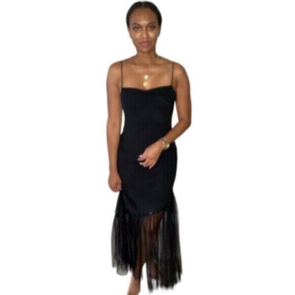 Dave & Johnny Vintage Black Plunging V-Back and Sheer Mesh Formal Maxi Dress - Picture 2 of 11